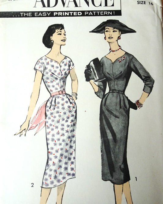 1950s STUNNING Sheath Dress Pattern ADVANCE 8177 Day or Evening Dinner Slim Dress Beautiful Neckline, Bust 36, Vintage Sewing Pattern FACTORY FOLDED