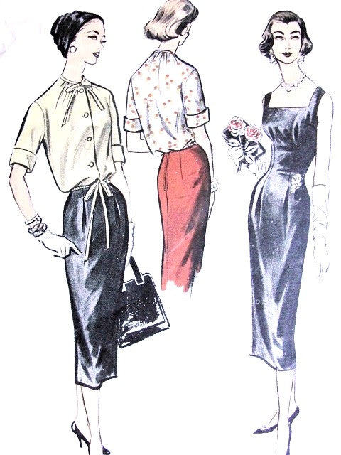 1950s CHIC Overblouse and Sheath Dress Pattern ADVANCE 8215 Casual days or Elegant Evenings, Low Back Dress, Bust 38 Vintage Sewing Pattern