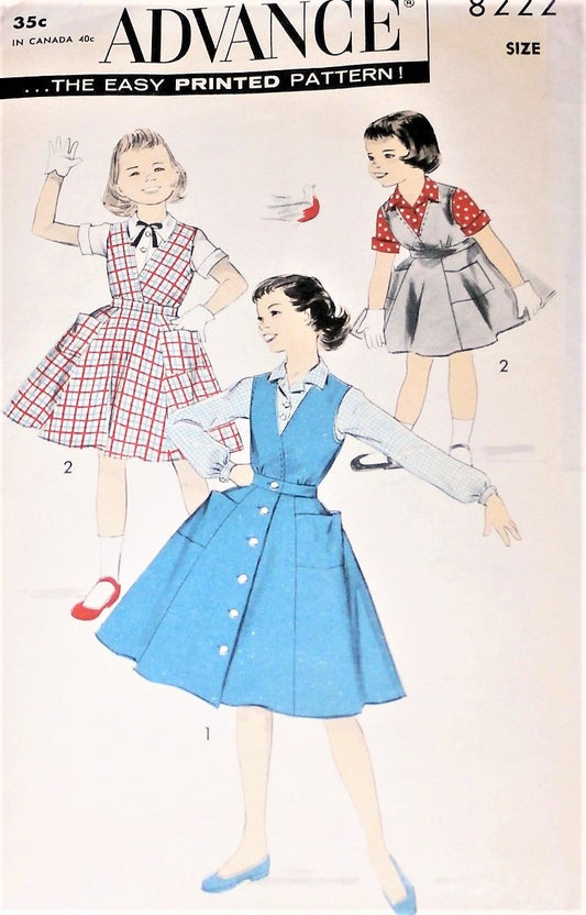 1950s CUTE Little Girls Jumper Dress and Blouse Pattern ADVANCE 8222 Two Sweet Styles Size 8 Childrens Vintage Sewing Pattern FACTORY FOLDED