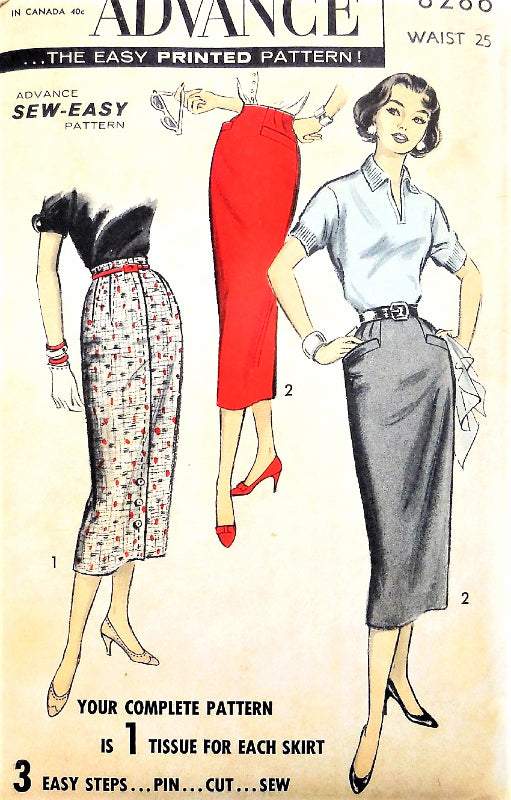 1950s SLEEK Slim Skirt Pattern ADVANCE 8286 Two Style Versions Day or After 5 Skirts Waist 25 Sew Easy Vintage Sewing Pattern