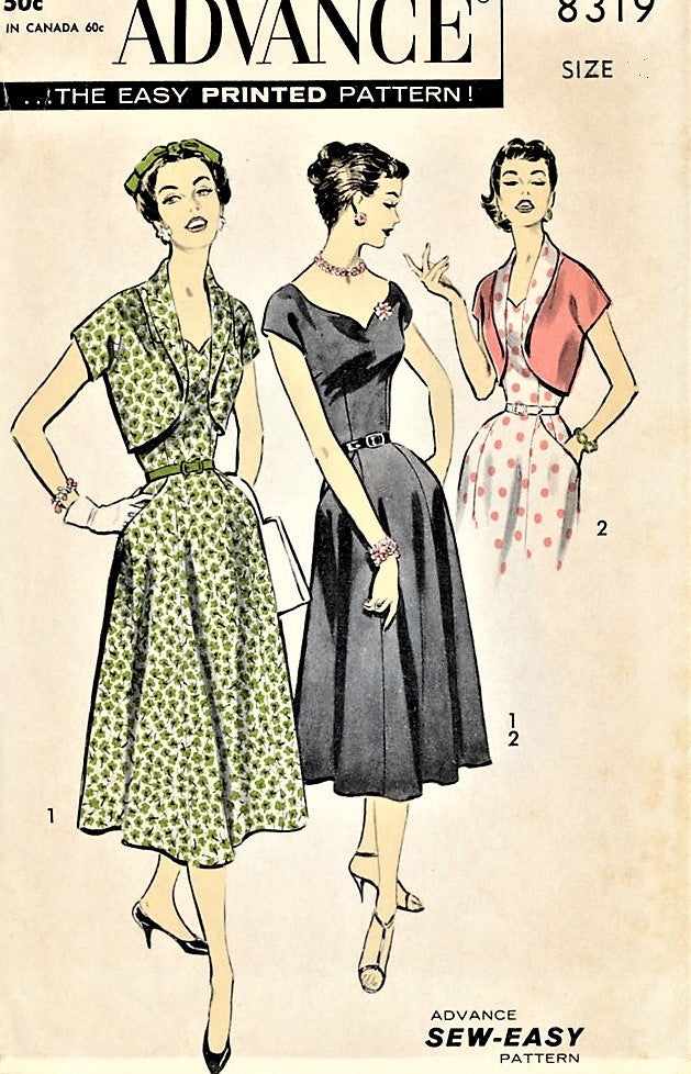 LOVELY 1950s Advance 8319 Dress and Bolero Pattern Sweetheart Neckline Flared Skirt Kimono Sleeve Jacket Bust 36 Vintage Sewing Pattern