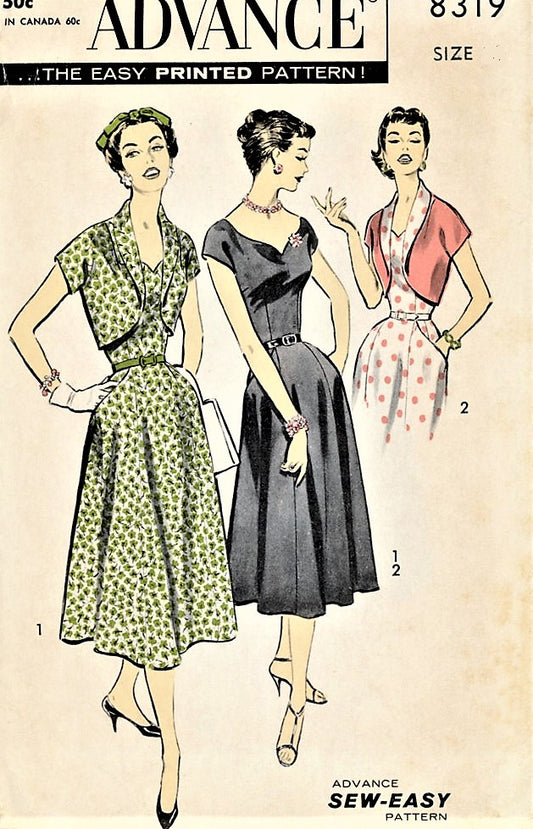 LOVELY 1950s Advance 8319 Dress and Bolero Pattern Sweetheart Neckline Flared Skirt Kimono Sleeve Jacket Bust 36 Vintage Sewing Pattern