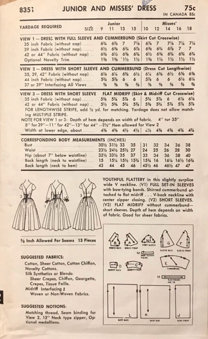 1950s BEAUTIFUL Evening Party Dress Pattern ADVANCE 8351 Surplice V Neckline, Cummerbund, Full Skirt Cocktail Dress,Bust 32 Vintage Sewing Pattern FACTORY FOLDED