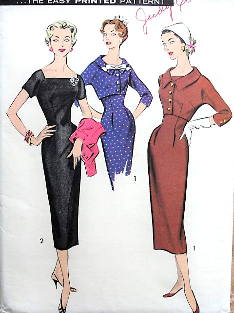 1950s CHIC Empire Sheath and Brief Jacket Pattern ADVANCE 8481 Hi-Lo Necklines Daytime or Evening Cocktail Party Bust 32 Vintage Sewing Pattern FACTORY FOLDED