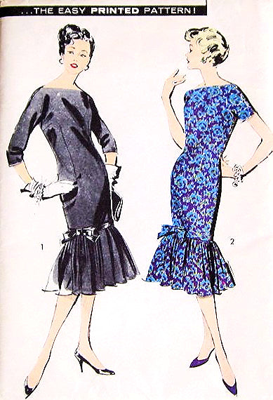 1950s FLIRTY Chemise Day or Cocktail Party Dress Pattern ADVANCE 8744 Slim With Low Flounce Bateau Neckline Button Back Dress Bust 32 Vintage Sewing Pattern