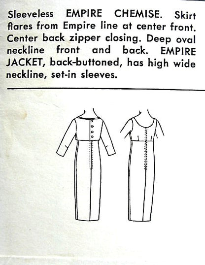 1950s CHIC Empire Chemise Cocktail Evening Party Dress Pattern ADVANCE 8861 Includes Shortie Back Button Jacket Bust 36 Vintage Sewing Pattern
