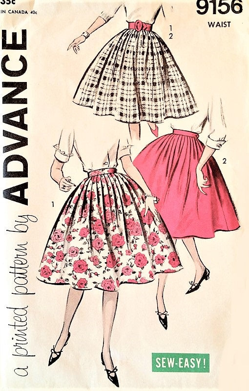 1950s Full Twirl Skirt Pattern ADVANCE 9156 Easy To Sew Two Figure Flattering Styles Waist 24 Vintage Sewing Pattern FACTORY FOLDED