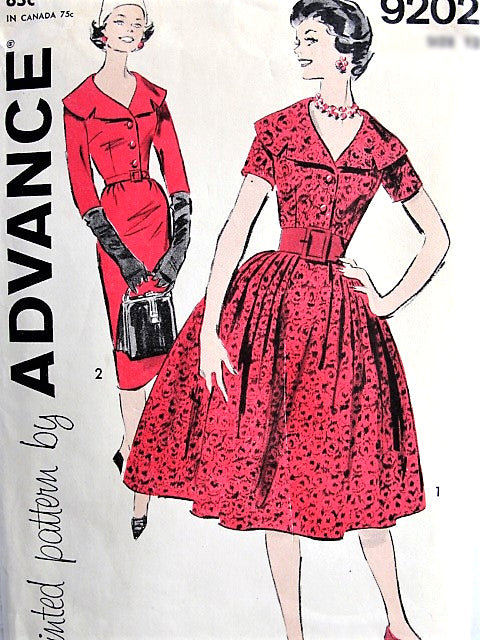 1950s CLASSY Slim or Full Skirt  Dress Pattern ADVANCE 9202 Day or After 5 Party Dress with Flattering Cape Collar Bust  32 Vintage Sewing Pattern