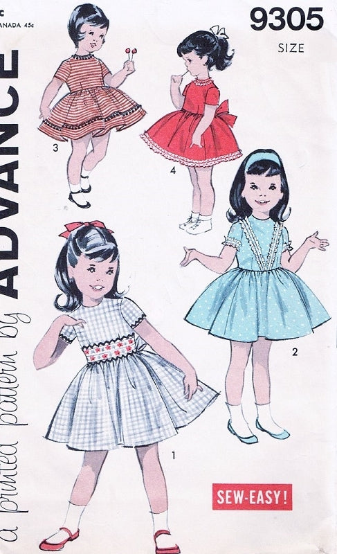 1960s ADORABLE Little Girls Dress Pattern ADVANCE 9305 Day or Party Dress 4 Styles Size 4 Vintage Sewing Pattern