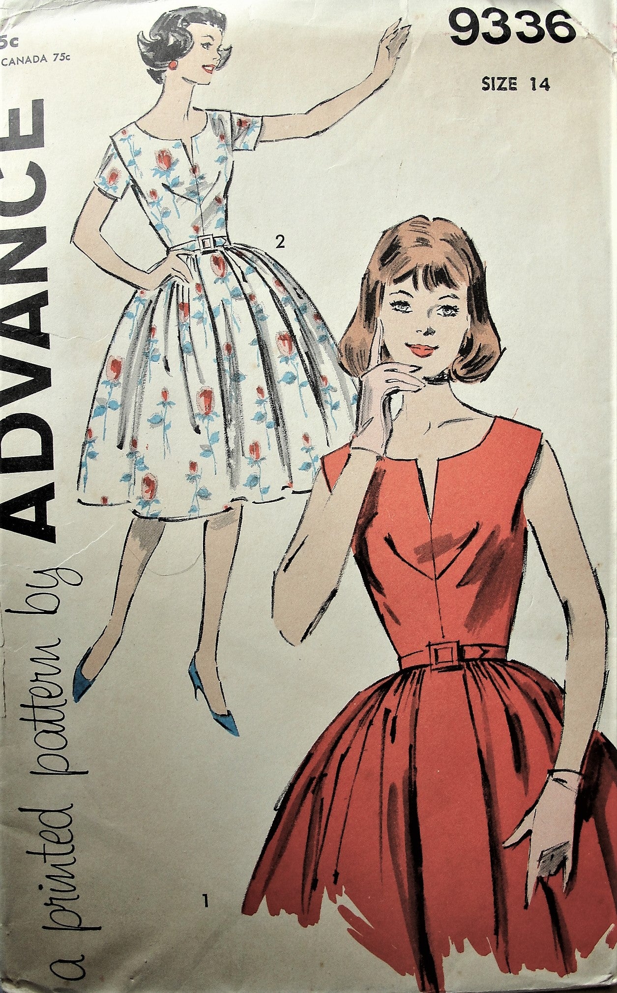 1960s Vintage LOVELY Short Sleeve or Sleeveless Dress with Full Skirt Advance  9336 Sewing Pattern Bust 34