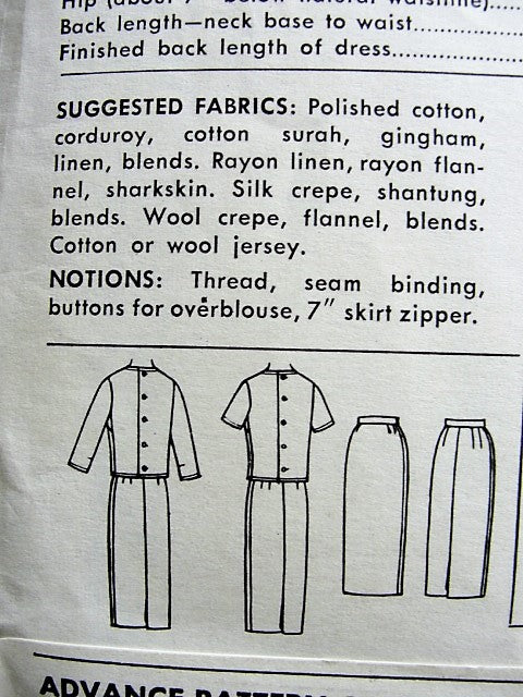 1960 CLASSY 2 Pc Dress Pattern ADVANCE 9555 Daytime or After 5, Slim Skirt, Button Back Over Blouse, Bust 36 Vintage Sewing Pattern