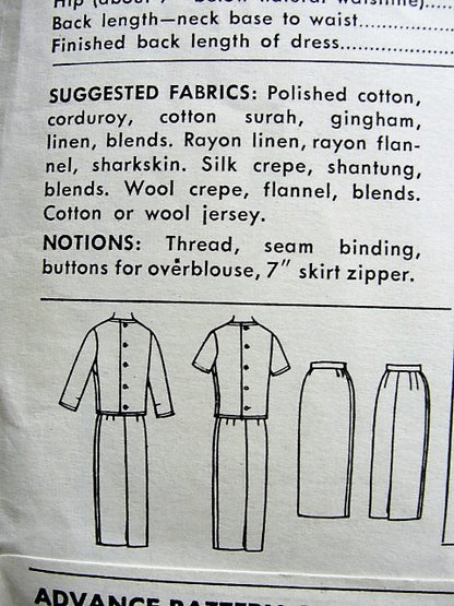 1960 CLASSY 2 Pc Dress Pattern ADVANCE 9555 Daytime or After 5, Slim Skirt, Button Back Over Blouse, Bust 36 Vintage Sewing Pattern