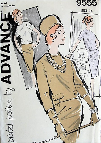 1960 CLASSY 2 Pc Dress Pattern ADVANCE 9555 Daytime or After 5, Slim Skirt, Button Back Over Blouse, Bust 36 Vintage Sewing Pattern