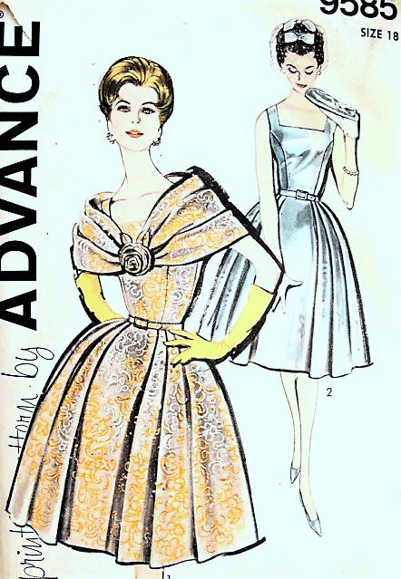 1960s GLAMOROUS Party Evening Dress and  Fichu Stole Pattern ADVANCE 9585 Beautiful Flattering Dress and Lovely Stole Includes Pattern For Flower Bust 38 Vintage Sewing Pattern FACTORY FOLDED