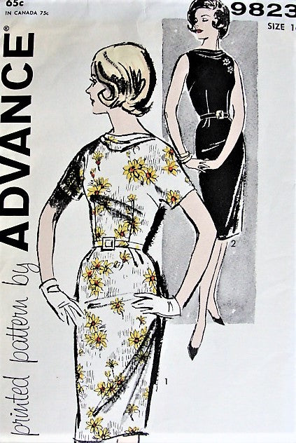 1960s STYLISH Day or Evening Wiggle Dress With Cowl Advance 9823 Bust 36 Vintage Sewing Pattern