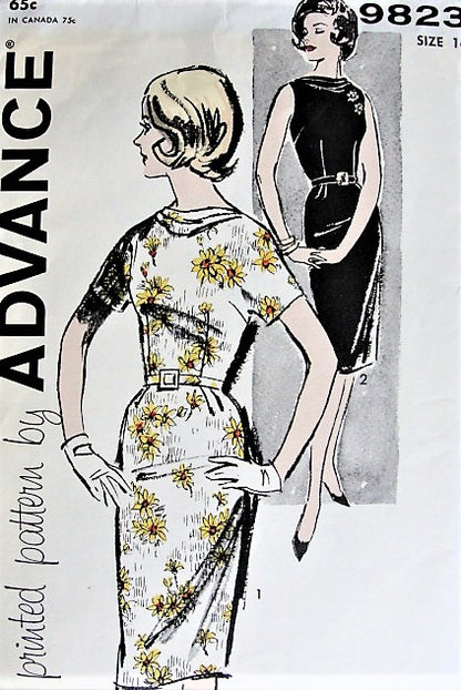 1960s STYLISH Day or Evening Wiggle Dress With Cowl Advance 9823 Bust 36 Vintage Sewing Pattern