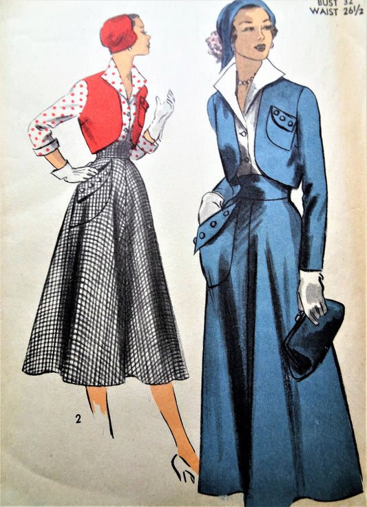 1950s FABULOUS Suit Pattern ADVANCE 5455 Flared Skirt With Curved Pocket,Short Jacket or Bolero,Wing Collar Blouse Day or Dinner Bust 32 Vintage Sewing Pattern
