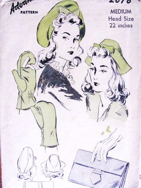 1940s Hats  Bag and Mittens Pattern Advance 2878 Vintage Sewing Pattern WW II Fabulous Over Sized Beret Tam Hat, Cap, Bag Purse and Slit Mittens