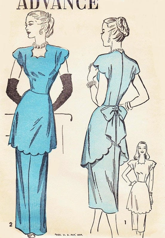1940s Evening Gown or Daytime Dress Pattern Advance 4695 Stunning Film Noir Long Tunic Top Bust 34 Vintage Sewing Pattern