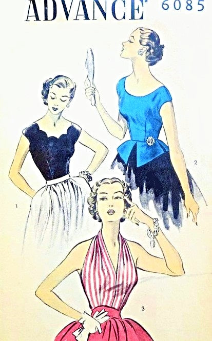 1950s Glam Blouses Pattern 3 Styles Scalloped Neckline, Peplum  or Halter Blouse Evening Wear Blouses Advance 6085 Vintage Sewing Pattern
