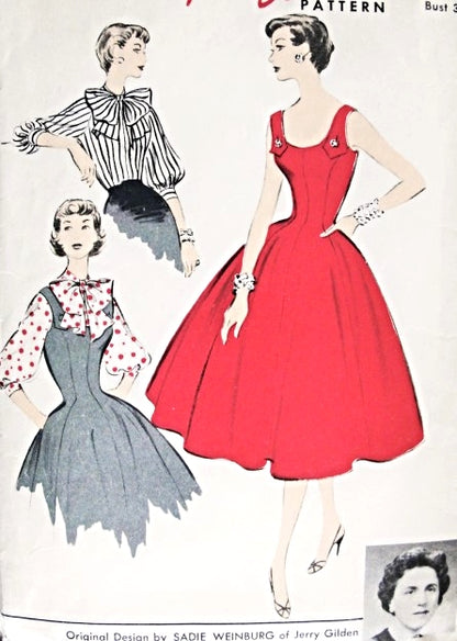 1950s BEAUTIFUL Princess Jumper or Dress and Blouse Pattern ADVANCE 6923 Fit n Flare Dress or Jumper, Bow Tie Soft Blouse Bust 32 American Designer Vintage Sewing Pattern