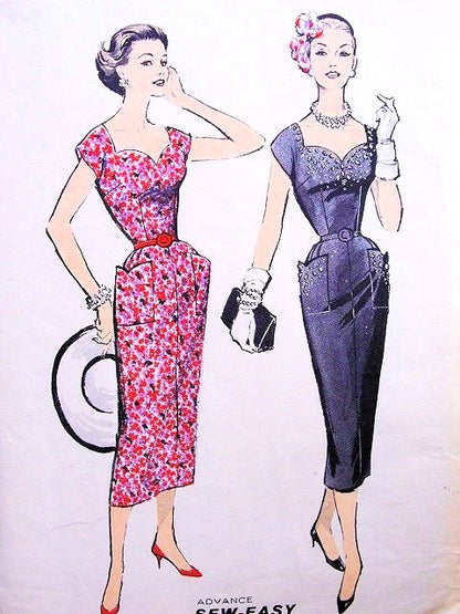 50s Bombshell Sheath Dress Pattern Advance 8297 Daytime or Cocktail Evening Sweetheart Neckline V Back Sew Easy Vintage Sewing Pattern