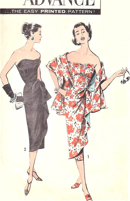 1950s SIZZLING Strapless SARONG Sheath Cocktail Evening Party Dress Pattern ADVANCE 8647 Eye Catching Side Cascade Drape and Stole Bust 32 Vintage Sewing Pattern FACTORY FOLDED