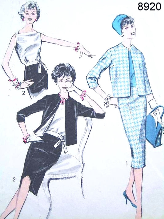 1950s CLASSY Suit and Blouse Pattern Advance 8920 Day or Evening Very Slim Skirt, Boxy Jacket and Stunning Overblouse Bust 32 Vintage Sewing Pattern