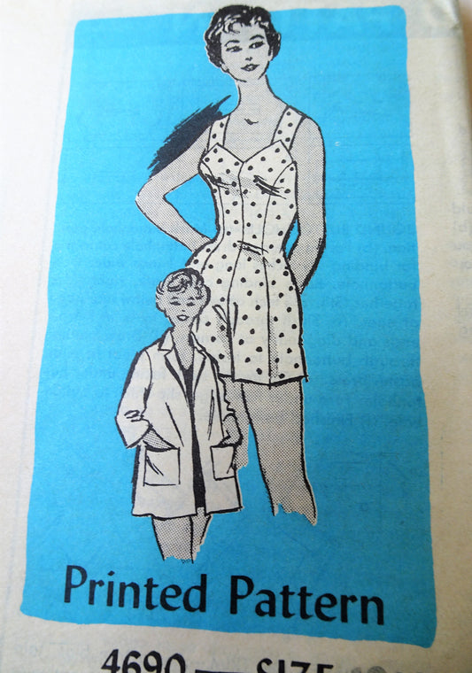 1950s CUTE Bathing Suit Playsuit and Beach Coverup Pattern ANNE ADAMS 4690 Figure Flattering Design Bust 39 Vintage Sewing Pattern