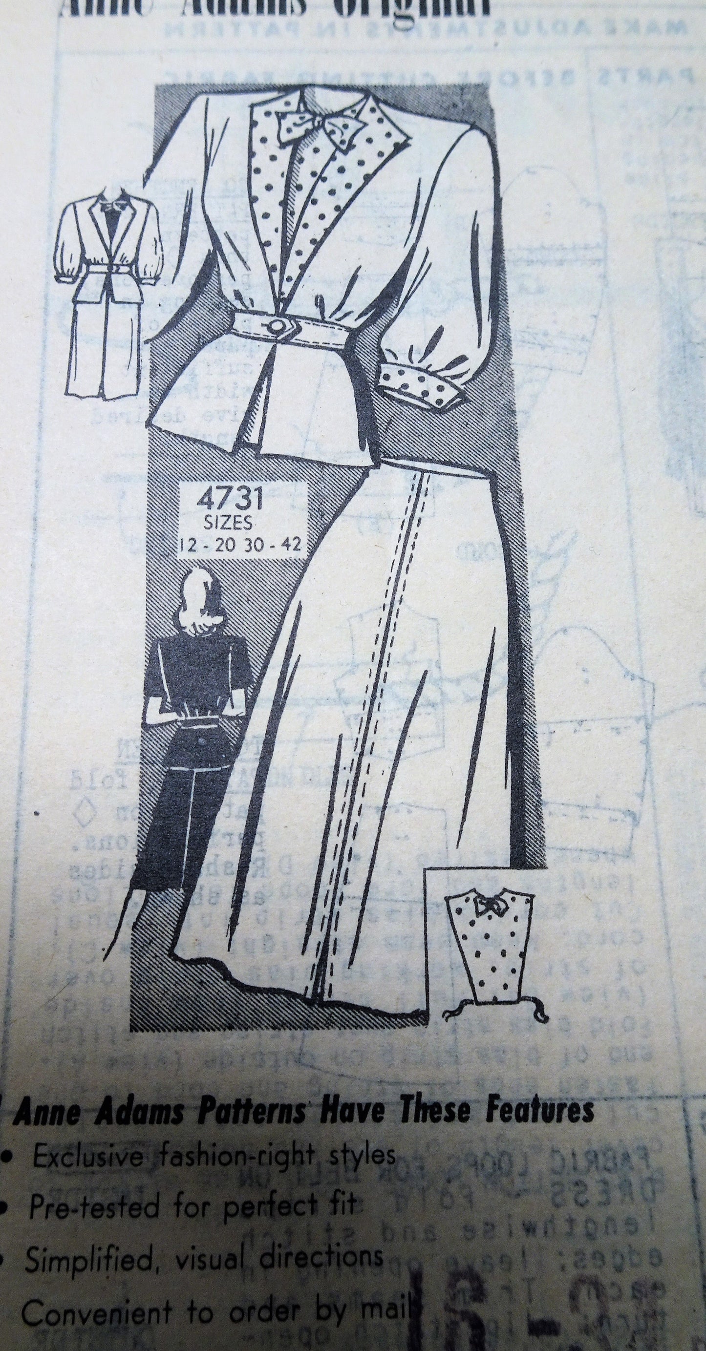 1940s FABULOUS Suit and Dickey Pattern ANNE ADAMS 4731 Lovely Fitted Jacket, Flared Skirt and Dickey Insert Bust 34 Vintage Sewing Pattern FACTORY FOLDED