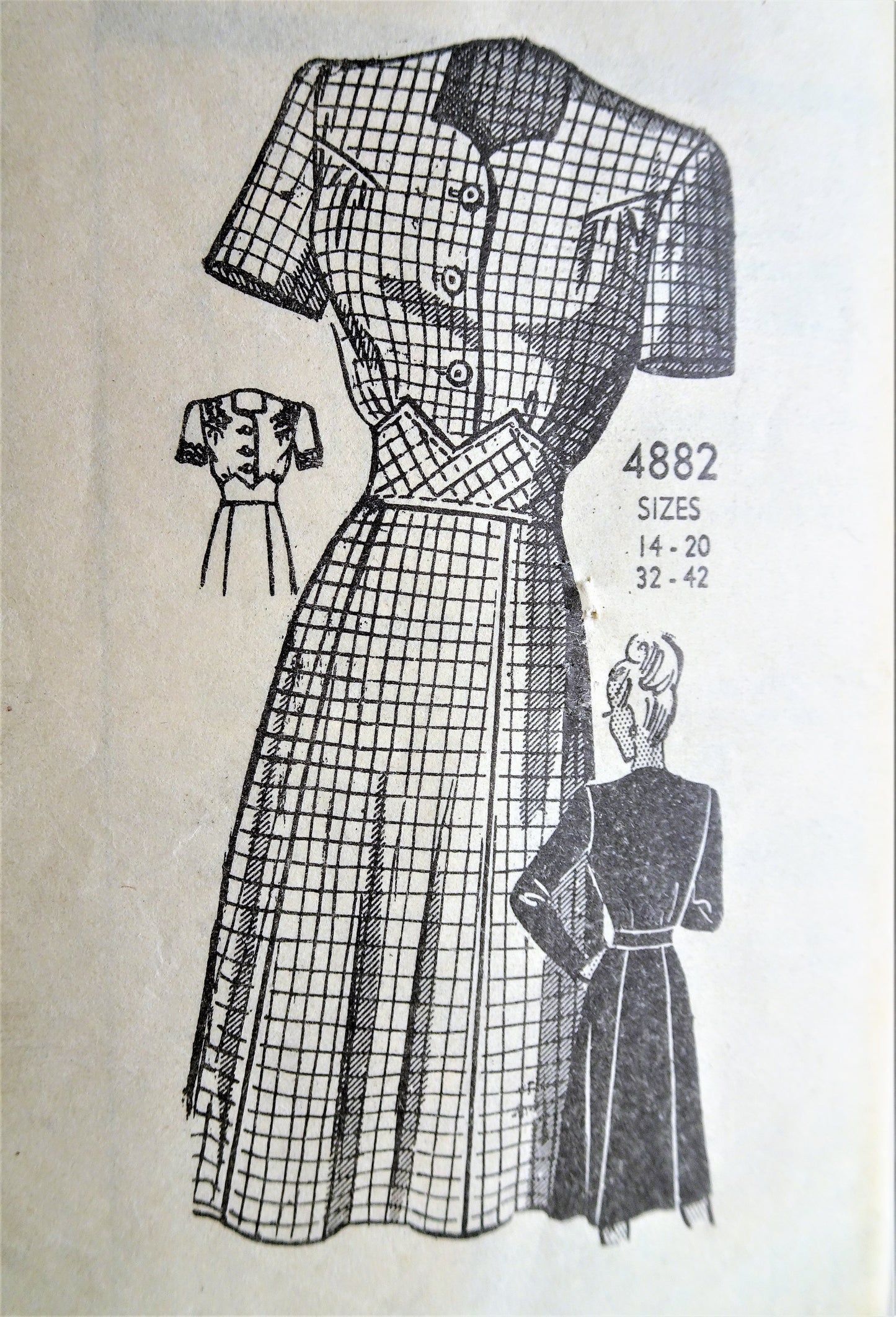 1940s Vintage WAR TIME Button Up Dress with Short or Long Sleeves Anne Adams 4882 Sewing Pattern Bust 34