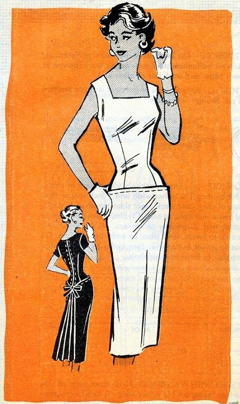 1950s UNIQUE Cocktail Evening Dress Pattern Anne Adams 4753 Slim Front Flirty Pleated Back Bust  32 Vintage Sewing Pattern FACTORY FOLDED