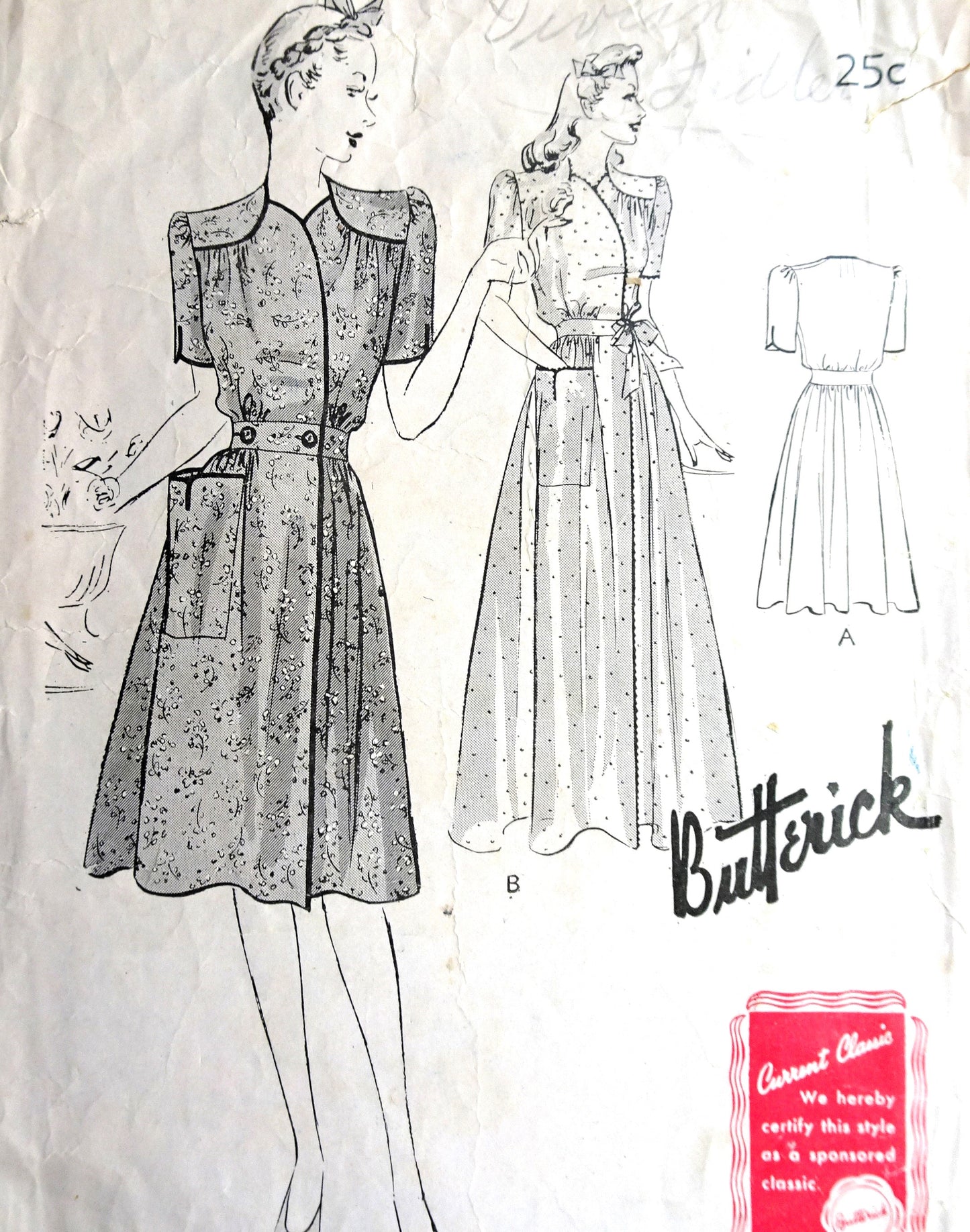 1940s  FABULOUS Housecoat and House Dress Pattern BUTTERICK 1473 Lovely Styles With Gathered Skirt, Bust 30 Vintage Sewing Pattern