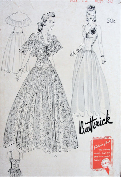1940s GLAMOROUS Evening Gown and Cape Pattern BUTTERICK 1559 Fitted Long Torso Design, Wide Full Skirt, Ruffled Cape Bust 30 Vintage Sewing Pattern