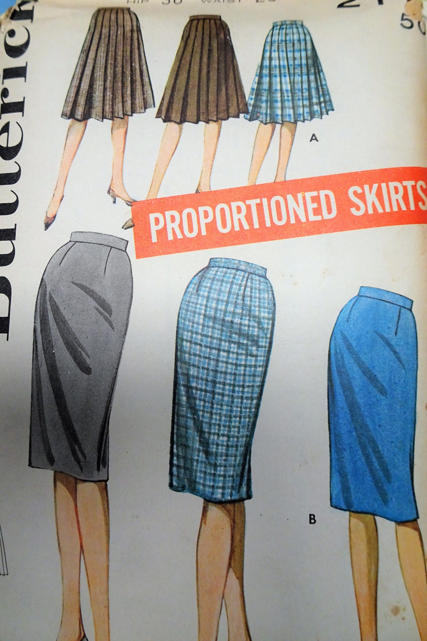 FAB 1960s Slim or Pleated Skirt Pattern BUTTERICK 2114 Proportioned Skirts Waist 26 Vintage Sewing Pattern