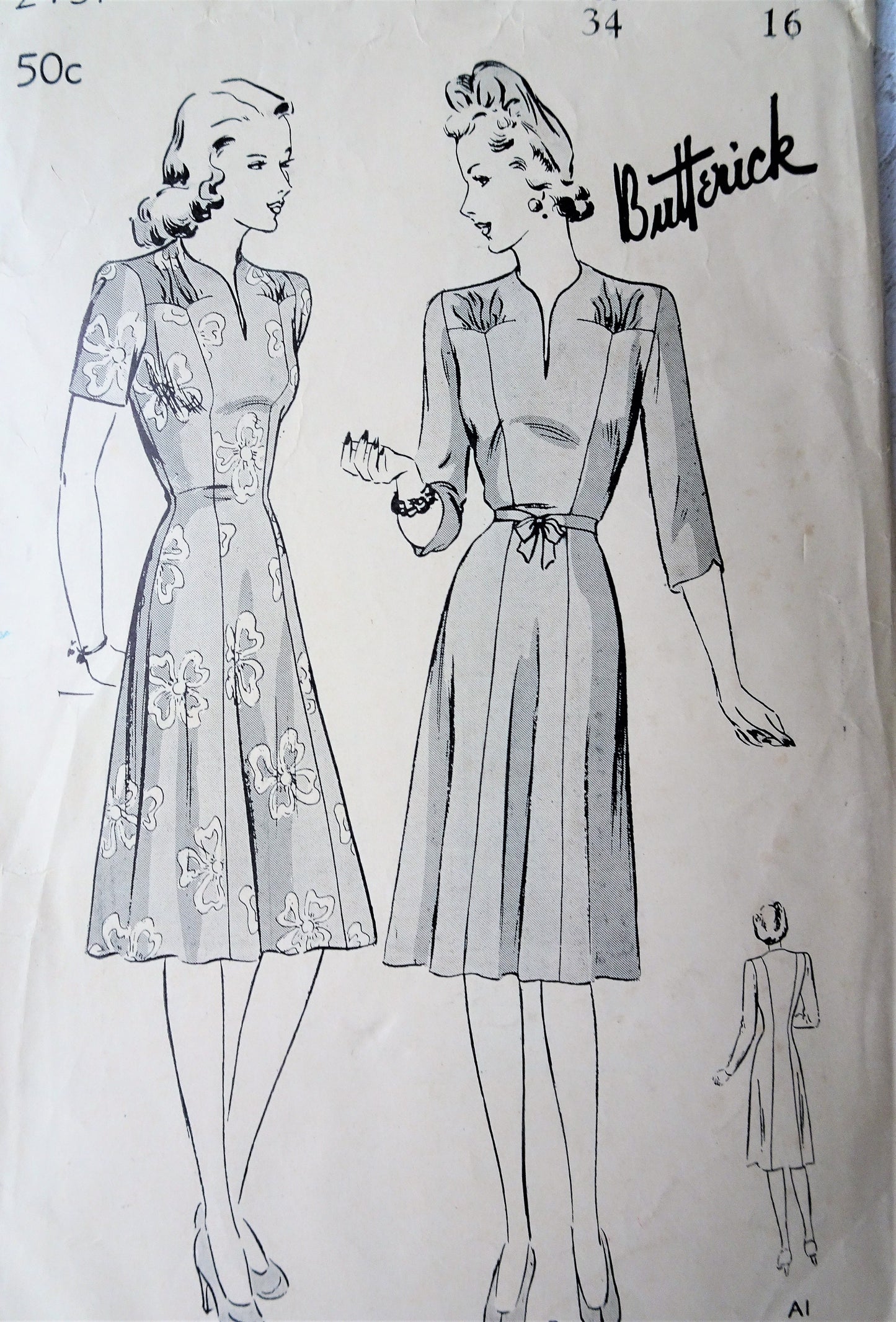 1940s STYLISH Princess Dress Pattern BUTTERICK 2131 Eye Catching Design, Daytime Casual or Dinner Party Dressup, Bust 34 Vintage Sewing Pattern