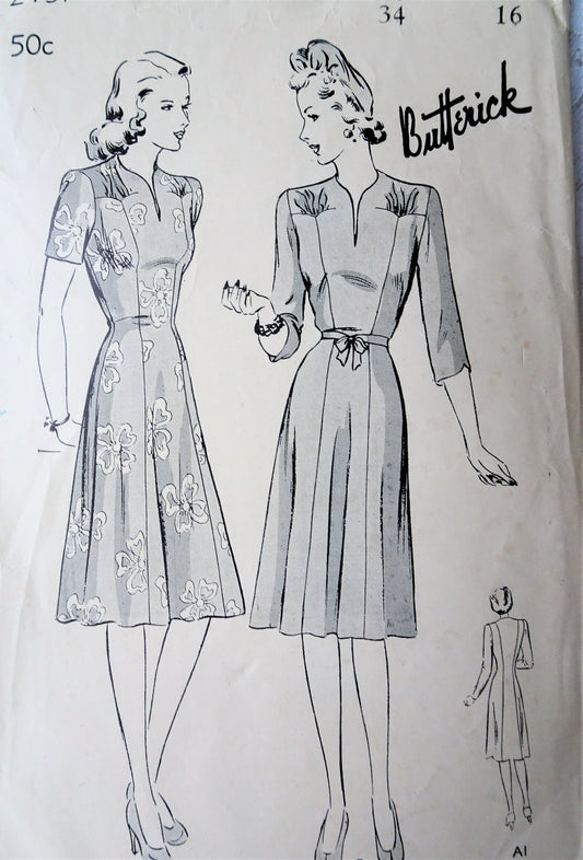 1940s STYLISH Princess Dress Pattern BUTTERICK 2131 Eye Catching Design, Daytime Casual or Dinner Party Dressup, Bust 34 Vintage Sewing Pattern