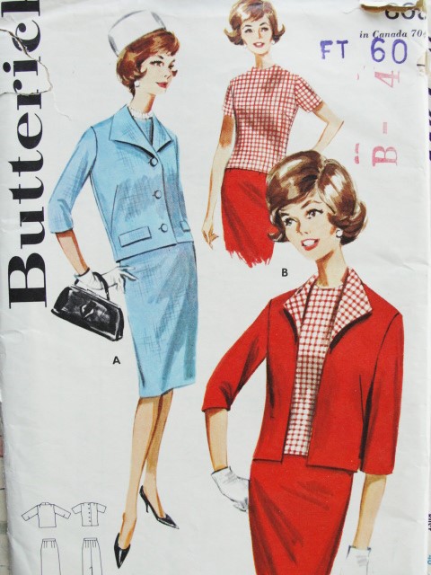 1960s 3 Pc Suit Pattern Butterick 2178  Button Back Over Blouse Slim Skirt 2 Jacket Styles Bust 38 Vintage Sewing Pattern