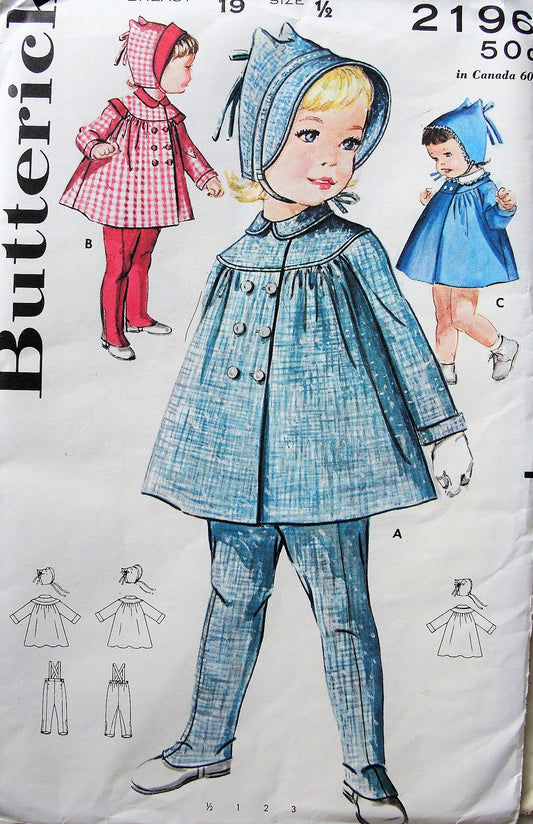 1950s Vintage ADORABLE Toddlers Hat, Flared Coat and Leggings with Suspenders Chest Size 19 BUTTERICK 2196 Vintage Sewing Pattern FF