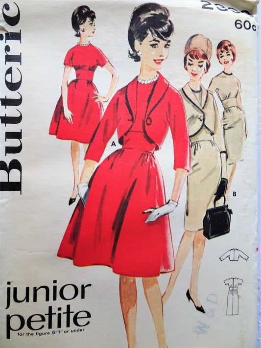 1960s  FLATTERING Slim or Full Skirt Dress and Bolero Jacket Pattern BUTTERICK 2399 Wide Midriff slim or full skirt dress, lovely Short Jacket Bust 33 Vintage Sewing Pattern
