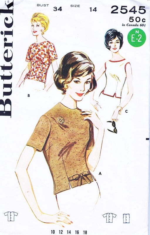 1960s CLASSIC OverBlouse Pattern BUTTERICK 2545 Three Pretty Style Versions Jackie Kennedy Era Bust 32 Vintage Sewing Pattern