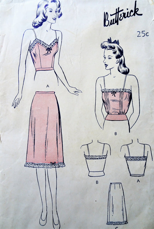 1940s LINGERIE Camisole and Petticoat slip Pattern BUTTERICK 2642 Perfect For Sheer Fabric Clothing, Bust 36 Vintage Sewing Pattern FF