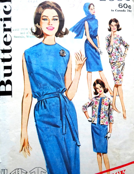 1960s CHIC Sheath Dress,Overblouse,Jacket and Scarf Pattern BUTTERICK 2660 Bust 36 Quick n Easy Vintage Sewing Pattern FACTORY FOLDED