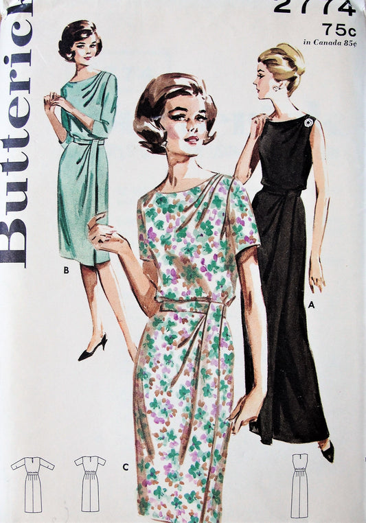 1960s ELEGANT Cocktail Dress Evening Gown Pattern BUTTERICK 2774 Loveluy Draped Left Shoulder,Draped Skirt, Stunning Design Bust 34 Vintage Sewing Pattern FACTORY FOLDED