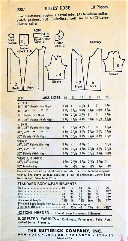 CLASSIC 1960s Robe Housecoat Pattern BUTTERICK 2887 Mandarin Collar Bathrobe Dressing Gown Bust40 Vintage Sewing Pattern