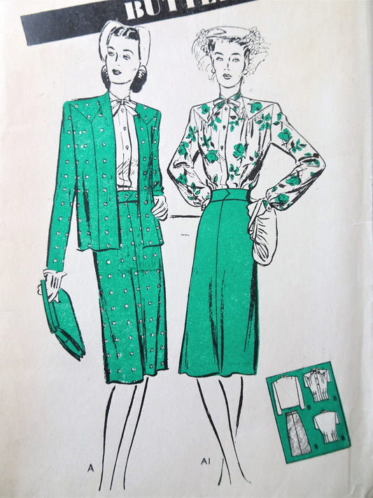 FABULOUS 1940s Suit Pattern BUTTERICK 2989 Lovely Slim Skirt, loose Jacket and Pretty Tuck in Blouse Bust 34 Vintage Sewing Pattern FACTORY FOLDED