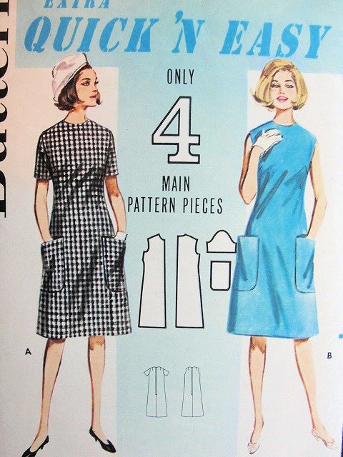 1960s QUICK n EASY A Line Dress Pattern BUTTERICK 3063 Cute Dress with Patch Pockets, Bust 33 ,Extra Easy Vintage Sewing Pattern