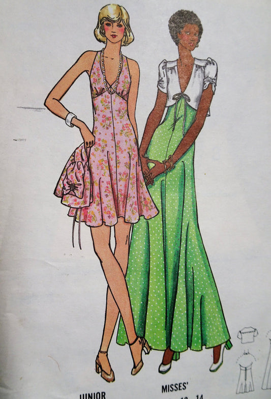 1970s SLINKY Halter Dress or Gown and Jacket Pattern BUTTERICK 3076 Mini or Maxi Lengths Flirty Style Bust 35 Vintage Sewing Pattern FACTORY FOLDED