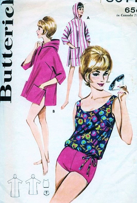 1960s Bathing Suit Beach Wear Pattern BUTTERICK 3077 Blouson Swimsuit and Cover Up Hooded Beach Coat  Bust 31 Vintage Sixties Sewing Pattern