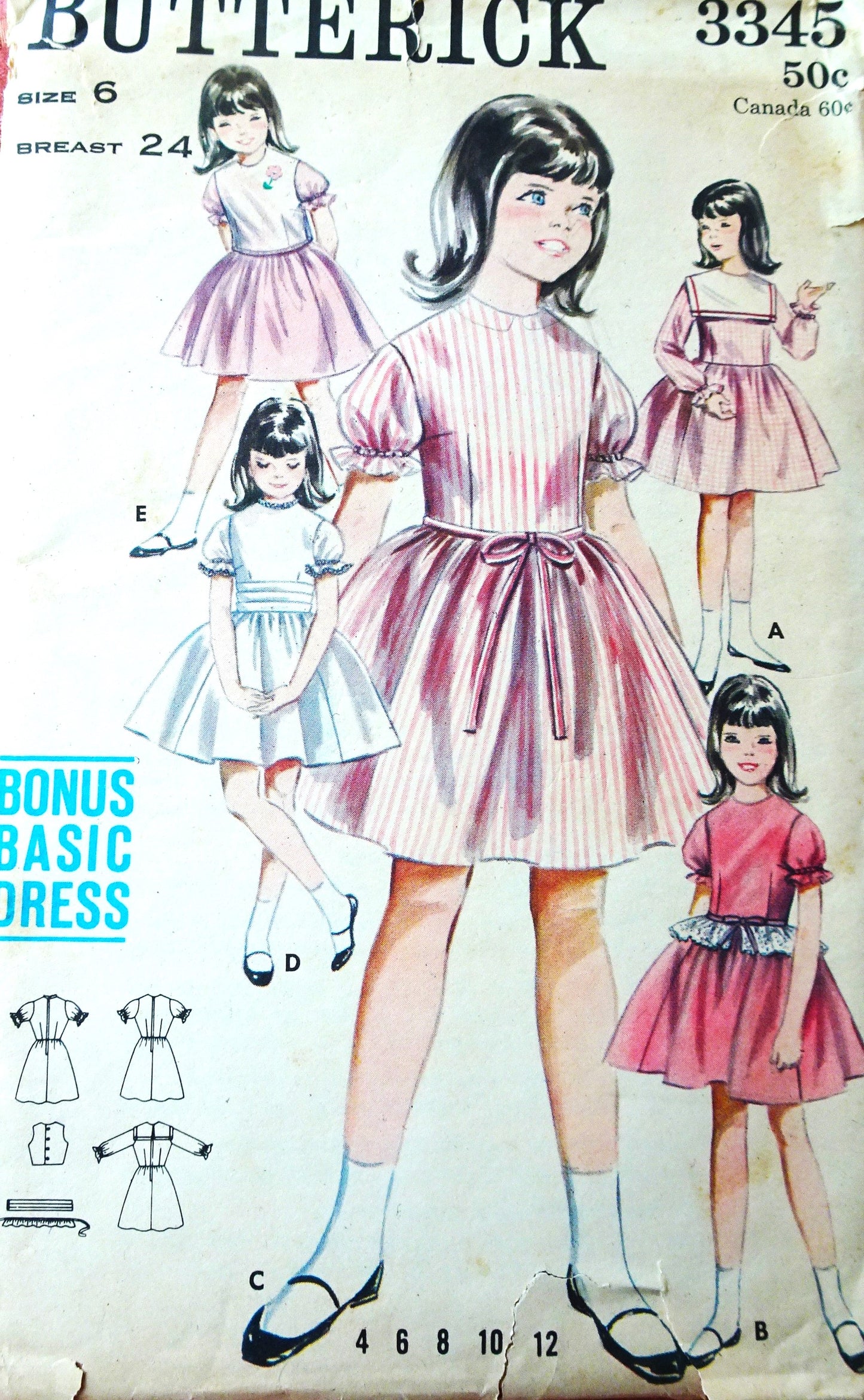 1950s PRETTY Little Girls Dress Pattern BUTTERICK 3345 Sweet Style With Jacket, Peplum and Cummerbund Size 6 Children's Vintage Sewing Pattern